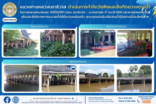 แขวงฯ นราธิวาส ดำเนินการกำจัดวัชพืชและสิ่งกีดขวางทางน้ำ บริเวณสะพานคลองยะกัง เรียบร้อย