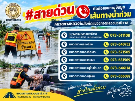 #สายด่วน ติดต่อสอบถามข้อมูลเส้นทางน้ำท่วม หมวดทางหลวงในสังกัดแขวงทางหลวงนราธิวาส